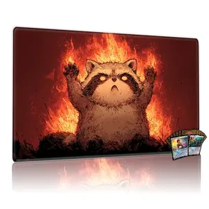 Fluffy Raccoon by Blazing Fire TCG MTG Playmat 12x24inch Non-Slip Card Game Mat for Family Gathering Party Gift, Intense Dramatic Design with Raccoon & Fire Background