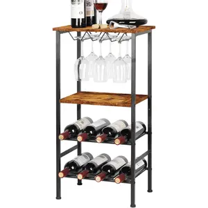 Industrial Brown Metal and Wood Wine Rack, Freestanding Floor Wine Rack Table with Glass Holder, Storage Shelves, Holds 8 Bottles and 9 Glasses, Wine Display Rack