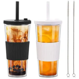 2 Pack Reusable Boba Tea Cups, 24oz Iced Coffee Cup with Straw and Lid, Leakproof Clear Plastic Cups Tumbler, Double Wall Insulated Smoothie Tumbler, Wide Straw for Bubble Tea, Black and White