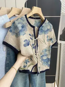 Boho Style Loose Round Neck Knit Top, Floral Print Short Sleeve, Women's Summer Casual Wear, Front Tie Design, Contrast Binding, Casual Boho Fashion, Boho Chic Floral