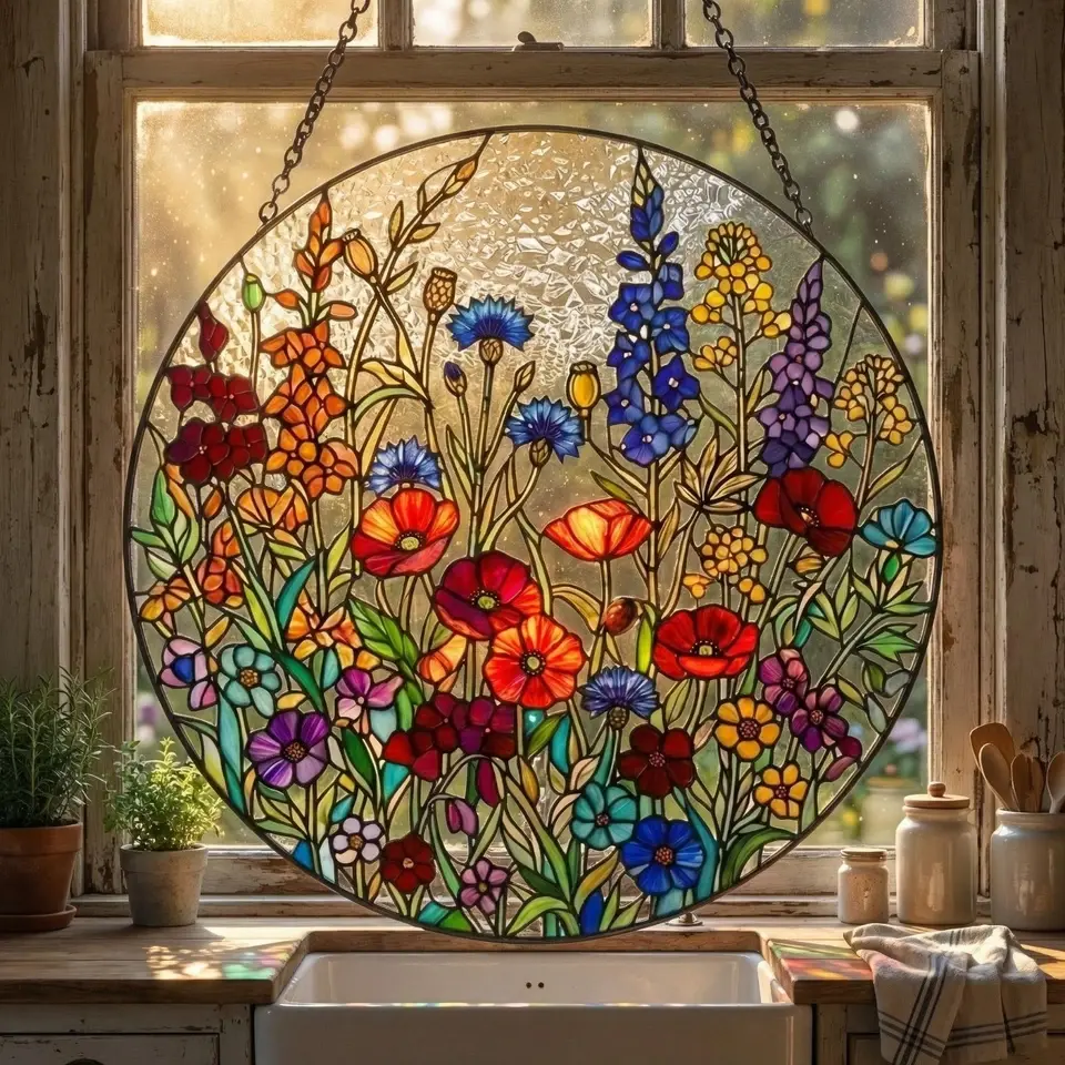 Colorful Wildflower SunCatcher, Floral Stained Glass Suncatcher, Flower Window
