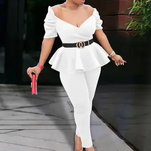 Off the Shoulder 2 Piece Straight Leg Pants Set - White Peplum Top & Matching Leggings