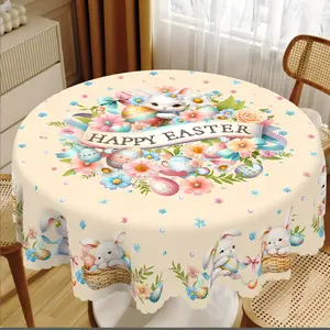 Easter Bunny Floral Print Polyester Tablecloth Spring Holiday Dining Table Cover with Decorative Egg Design