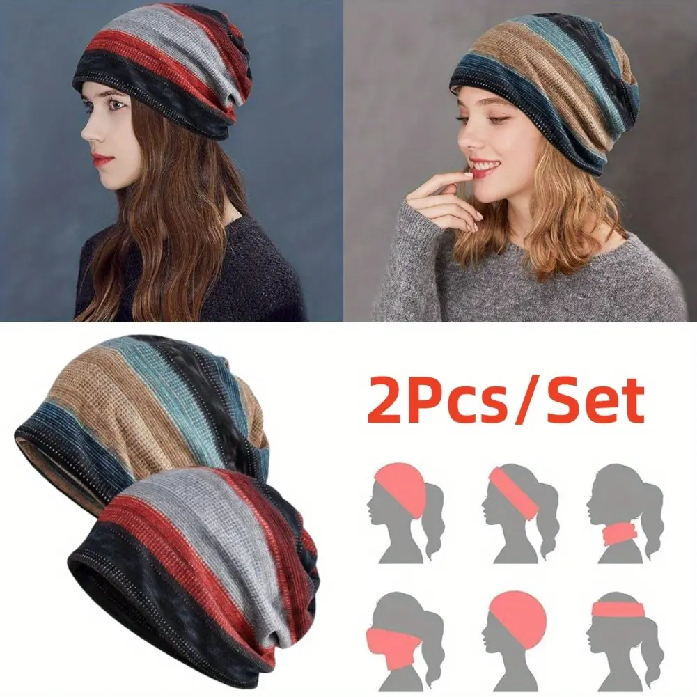 Women's 2-Piece Cotton Slouchy Beanie Hats - Breathable Knit Open-Top Dual-Use Cap, Stretch Casual Female Headwear for Sports, Outdoor, Cancer Patients' Sleep & Daily Wear