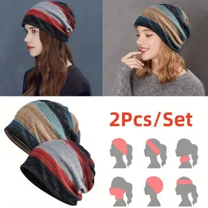 2pcs Women Cotton Beanie Hat, Breathable Knit Skull Sleep Headwear, Headwear Hats Cotton Slouchy Beanie Cap Scarf for All Season Daily Wear, Travel, Sports,  Outdoor Headgear headband hair soft head wrap