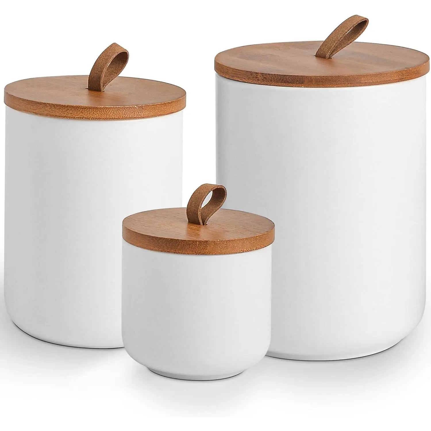White Ceramic Airtight Synthetic Canister Set - 3 Lidded Containers (Small-Medium-Large) with Quick Refill Mouth, 30 oz Durable Flour Holder for Dry Food, Baking & Home Cooks' Kitchen Use, Flour Container, Dry Food Storage