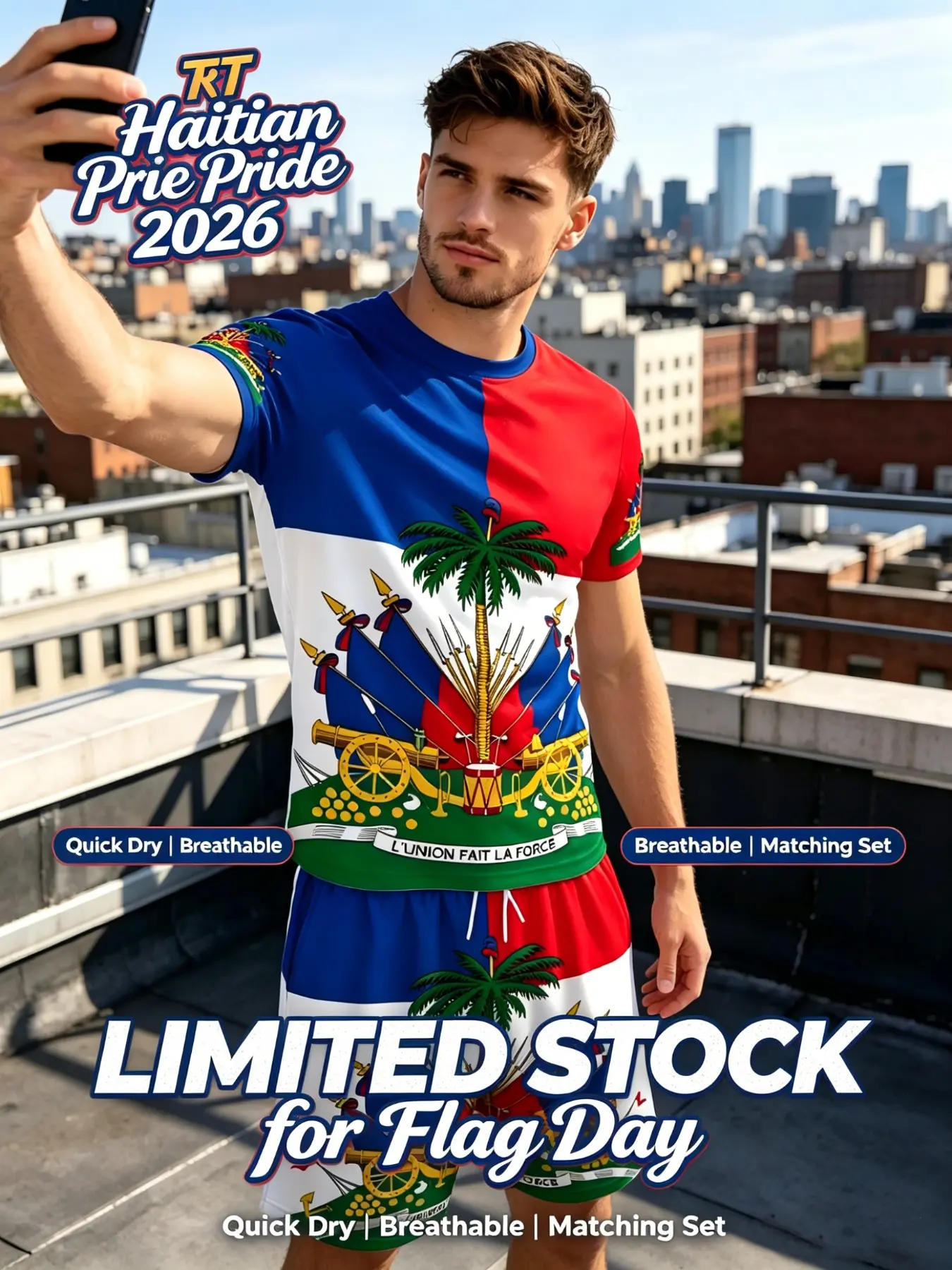 Haiti Flag Men's Two Piece Set - Haitian Pride Matching Outfit, Summer Tropical Short Sleeve Tee & All Over Print Shorts, Casual Fitted Menswear Outfit for Haiti Flag Day Independence Day