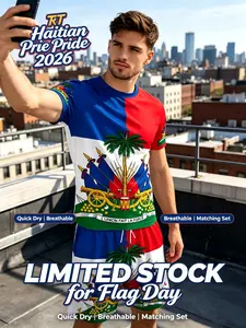 Haiti Flag Men's Two Piece Set - Haitian Pride Matching Outfit, Summer Tropical Short Sleeve Tee & All Over Print Shorts, Casual Fitted Menswear Outfit for Haiti Flag Day Independence Day