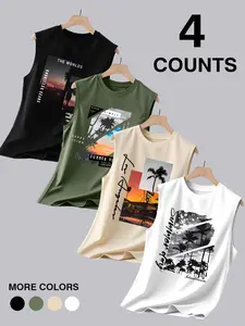Men's Summer Sleeveless Vest, Graphic Letter Coconut Tree Print, Casual Fitted Top, Outdoor Sports Wear, 4-Piece Set