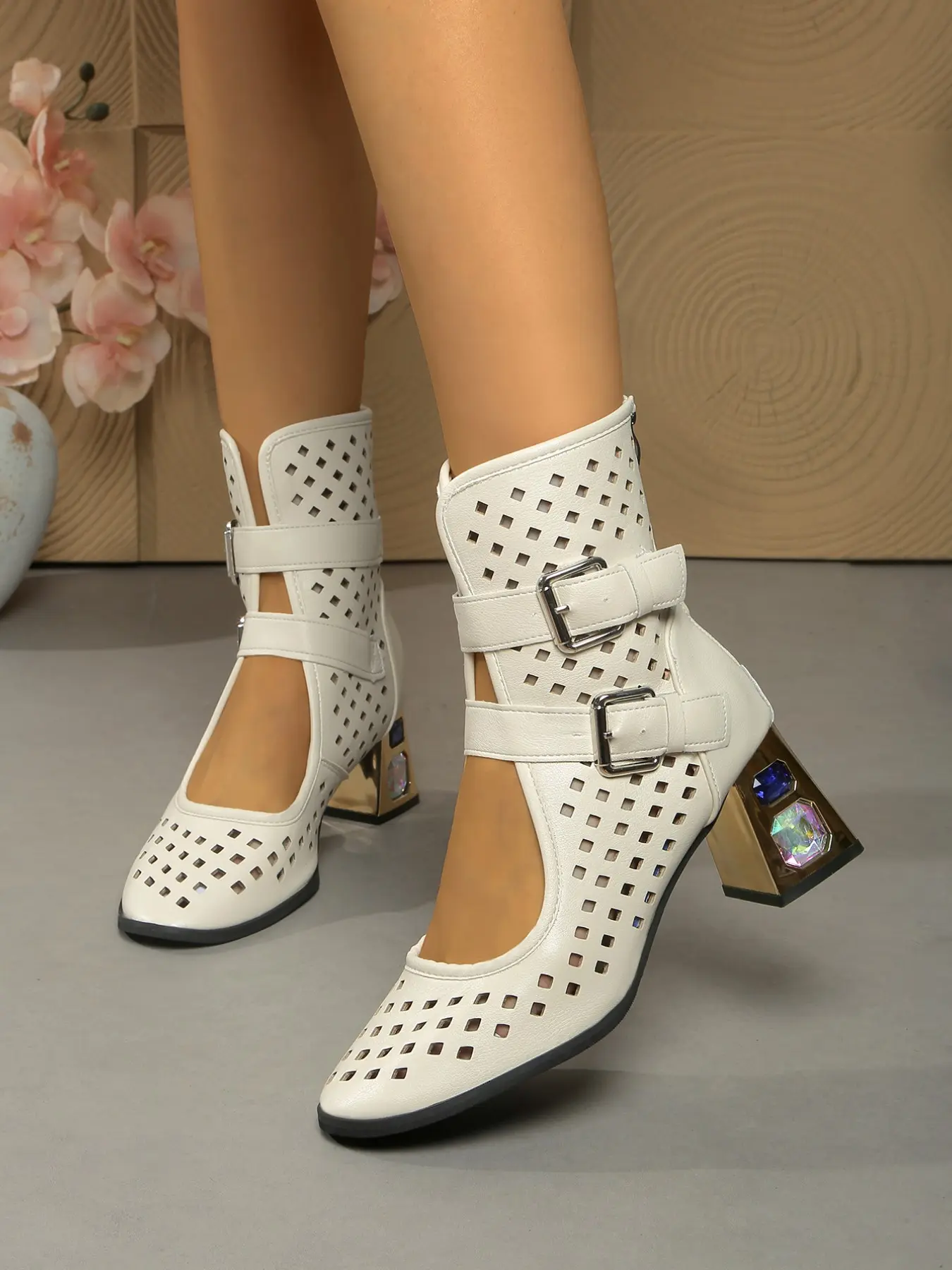 Women's Thick Heeled Loafer Boots with Soft Leather Material, Adjustable Buckle Design, Water-Drop Heel for Casual, Vacation, Daily Wear