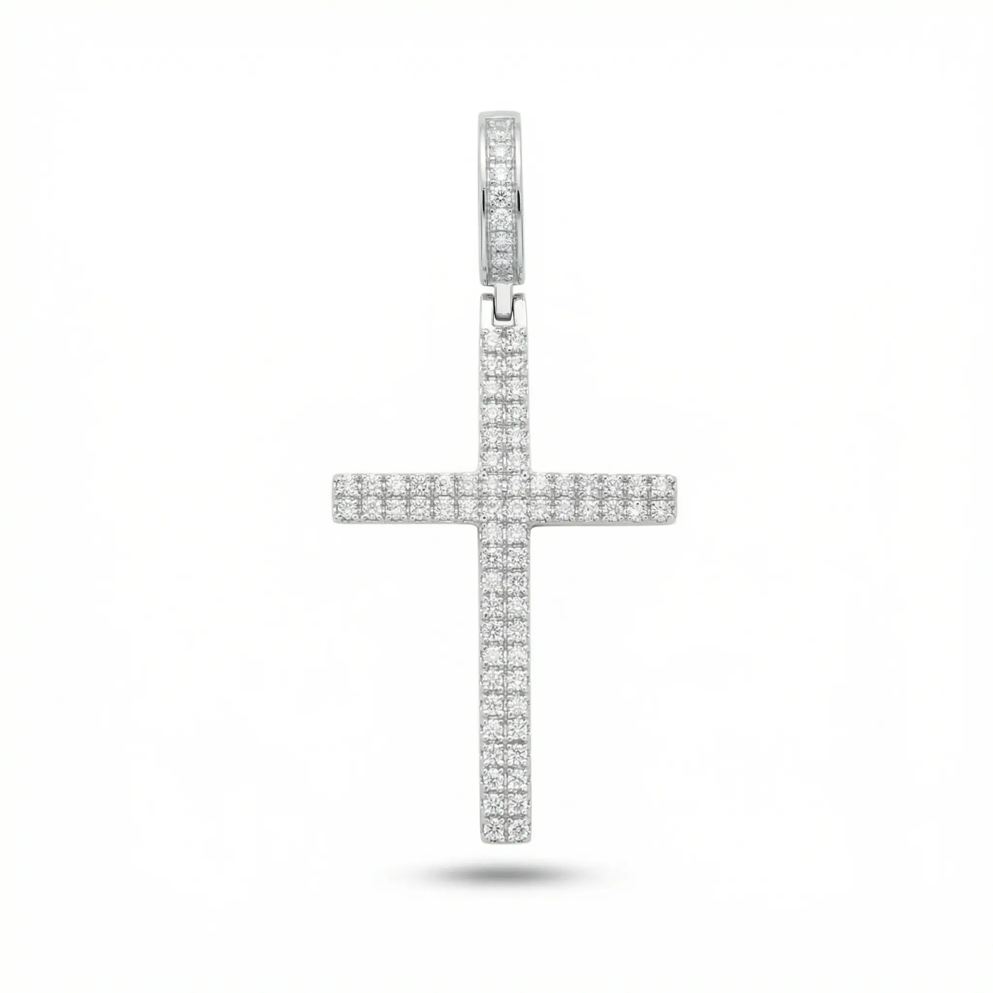 925 Sterling Silver or Gold Vermeil Double Row Micro Pavé Cross Pendant, D-VVS Moissanite, 1.2CT, 1.75 Inches, Passes Diamond Tester