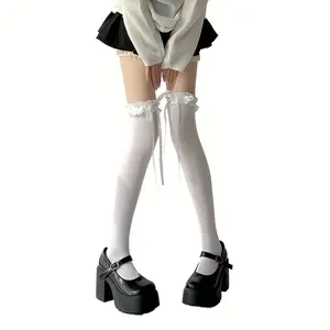 1 pair of teen over-the-knee socks with sweet bow design, thin mid-calf socks
