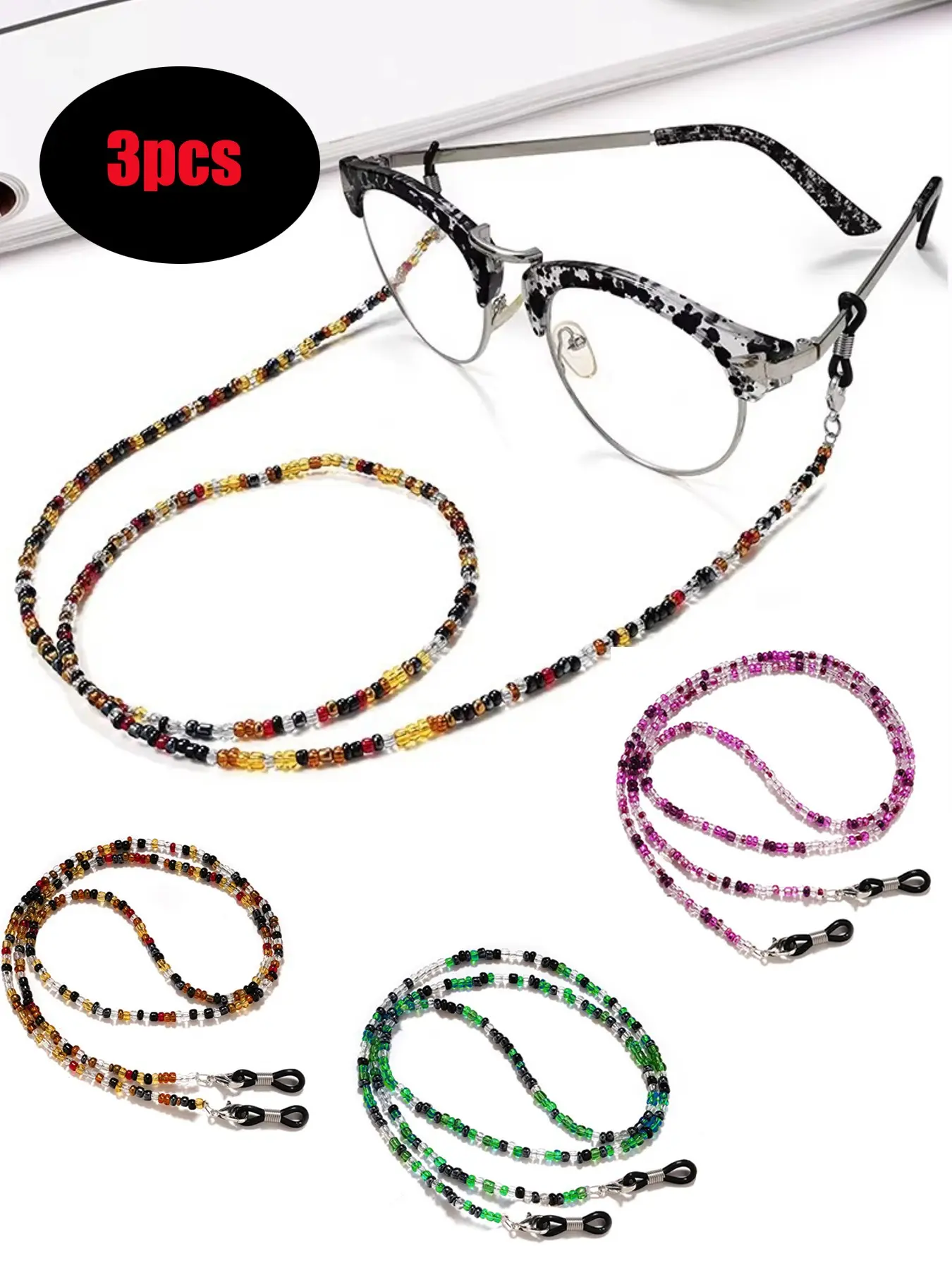 3pcs Colorful Beaded Glasses Chain, Anti-Lost Eyewear Retainer Lanyard, Stylish Boho Eyeglass Strap Holder for Women, Beach, Sunglasses & Reading Glasses