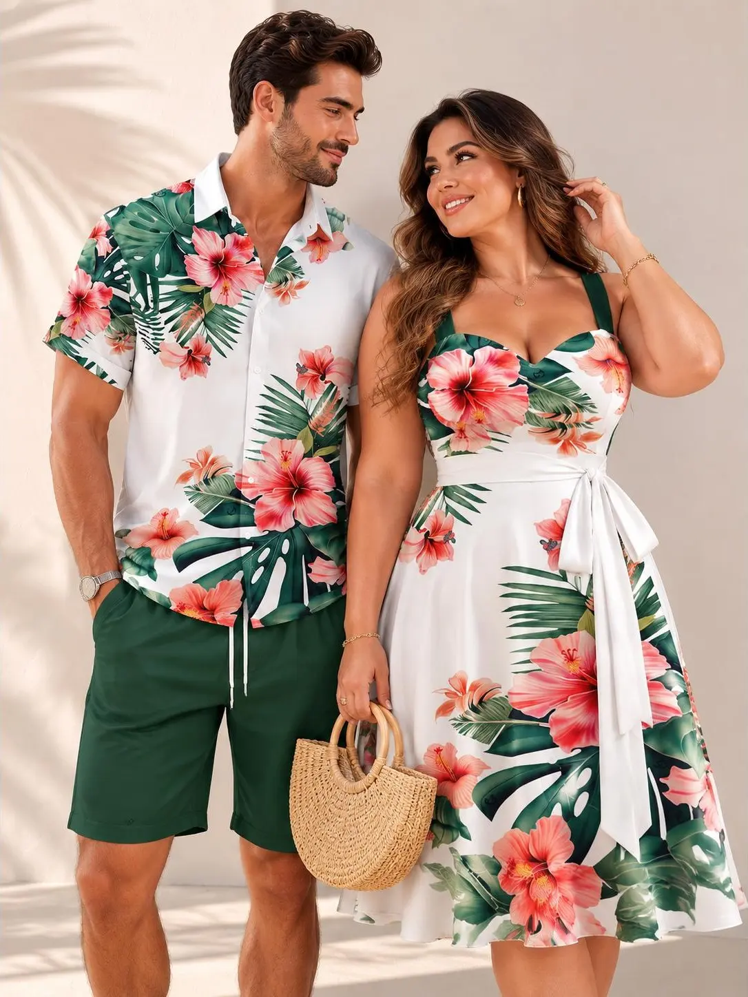 Tropical Hibiscus Matching Couple Set, Men's Collared Shortsleeve Aloha Shirt & Shorts with Women's Flared Tie-Waist Sundress, Regular Fit Spandex Style for Beach Vacations, Floral, Print, Clothes, Matching Sets, Vibrant Print, Turn-Down, Casual