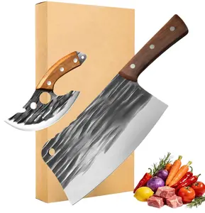 AWEE 2Pcs Professional Meat Cleaver Knife Set for Kitchen, 7.5 Inch Heavy Duty Bone Chopper for Meat Cutting Processing, Sharp Steel Viking Boning Knife with Premium Leather Sheath, Kitchen Outdoor BBQ