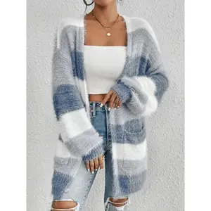 New women’s arrivals for fall/winter: a fuzzy long-sleeve cardigan with color-block striped print; a classy casual open-front long cardigan for everyday wear; ladies’ clothing suitable for all seasons