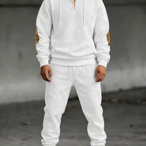 Men's 2-Piece Casual Knitted Jacquard Sweatshirt & Pants Matching Outfit, Long Sleeve, Bold Knit Texture, Menswear Clothes
