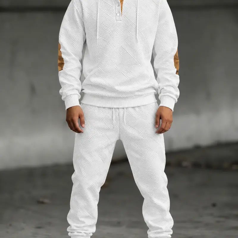 Men's 2-Piece Casual Knitted Jacquard Sweatshirt & Pants Matching Outfit, Long Sleeve, Bold Knit Texture, Menswear Clothes