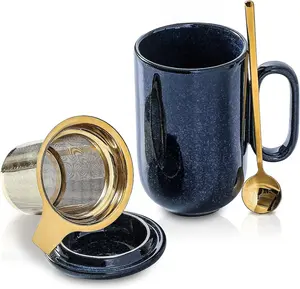 Ceramic Tea Cup Mug Infuser - VICRAYS 16 oz Large Loose Steeping Hot Handle Teacup with  Leaf Infuser Spoon Lid - Blue Tall Glazed Strainer Coffee Mug Microwave Safe - Blue Drinkware , Tumbler, Reuse, Washable, Reusable, Drink