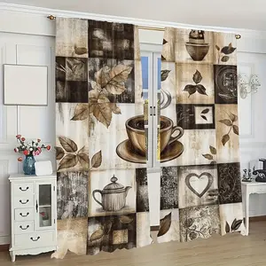 Pack of 2, vintage coffee themed art deco curtains, translucent polyester fiber, with rod bag, machine washable, suitable for bedroom, kitchen, living room home decoration, suitable for Christmas decoration.