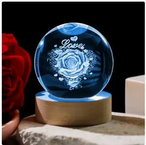 3D Heart-Shaped Crystal Ball Lamp with Dimmable LED and Wooden Base, Night Light for Children, Teenagers, and Adults, Home Desk, Office, Bedroom Decoration, Birthday Gift (2.4 inches/6 cm), Mother's Day Gift, Valentine's Day Gift
