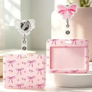 Pink Bow Coquette Badge Set, Horizontal ID Holder with Retractable Reel & Alligator Clip, Cute Name Tag for Nurses, Doctors, Teachers & Office Professionals