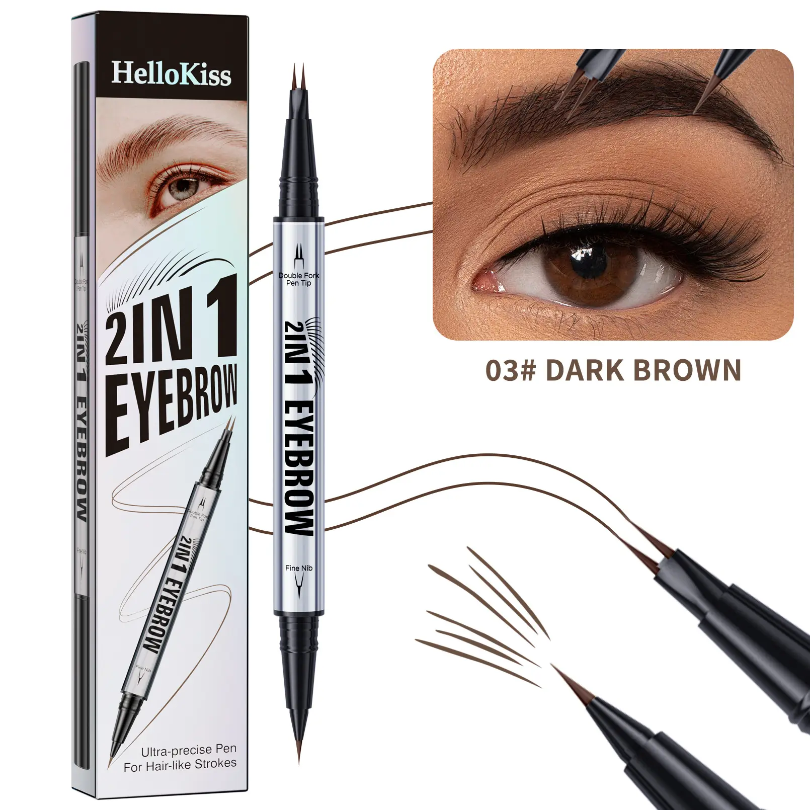 Dual Tip 2-IN-1 Microblading Eyebrow Pen, 2-Prong Fork Liquid Brow Pen, Waterproof Smudge-Proof Oil Resistant Natural Hair-Like Brows, Dual-End Precision Fine Nib For Defined All Day Brows Ideal For Beginners Daily Makeup Dark Brown Shade