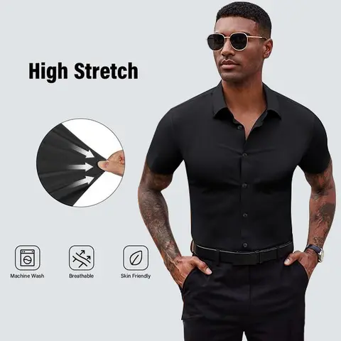 Royaura Men's Slim-Fit Short-Sleeve Button-Down Shirt - 4-Way Stretch, Wrinkle-Free, Moisture-Wicking Fabric Clothes Products - M Size Tops for Business, Wedding, Gift