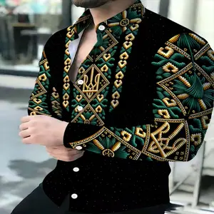 Men's Patterned Black Long Sleeve Shirt - Retro Ethnic Style Polyester Fabric Casual Menswear Top Outerwear