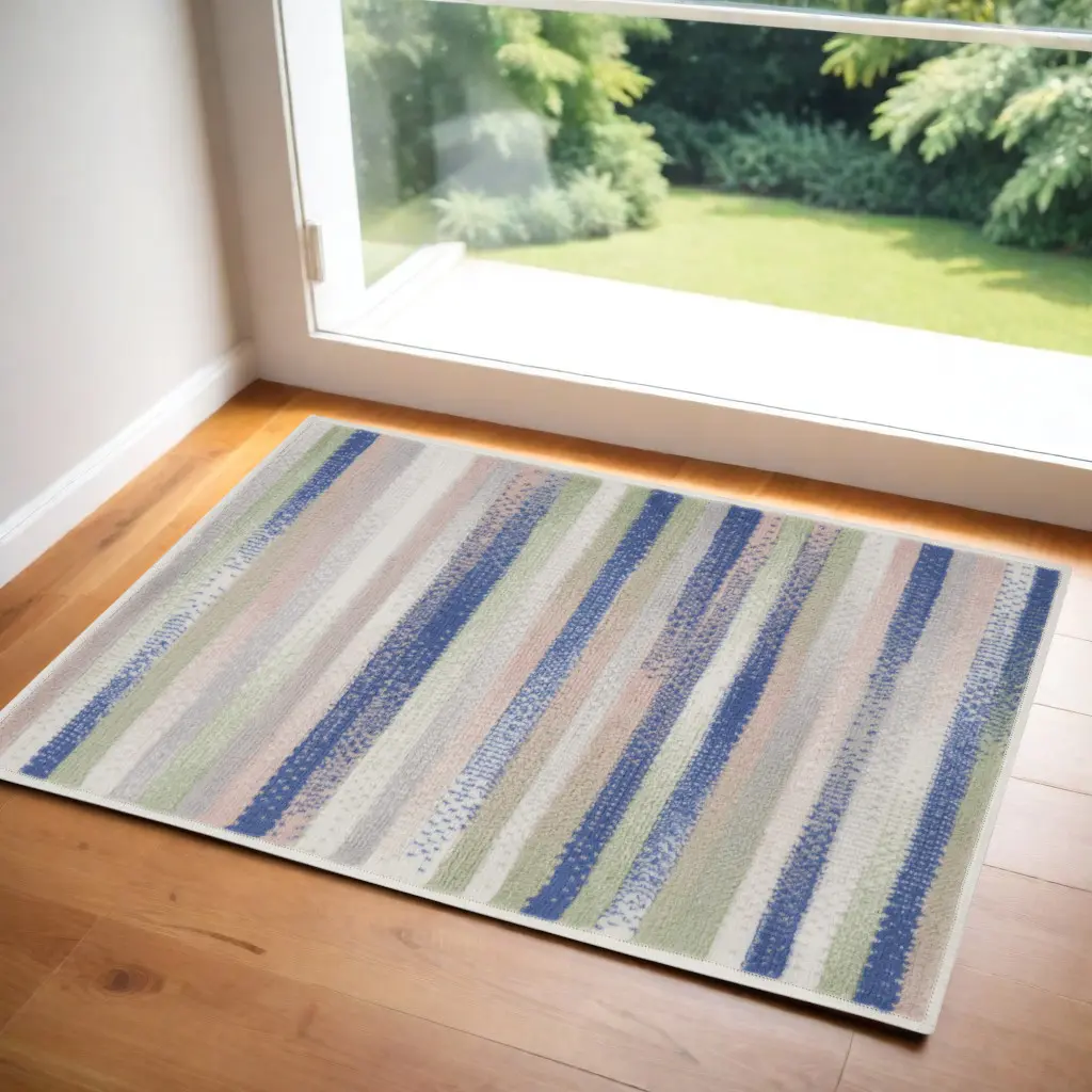 HomeRoots 553074 Polypropylene Rectangular Area Rug, 3 x 5 ft. Striped, Stainproof, Ivory, Tan & Blue, Polypropylene Area Rugs, Rectangular Area Rugs