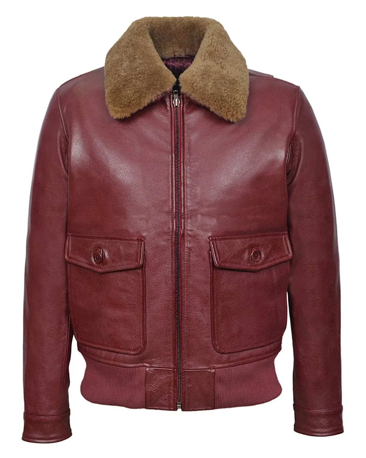 MotorCycleJackets Men's Cherry Bomber Ginger Fur Collar Real Leather Jacket