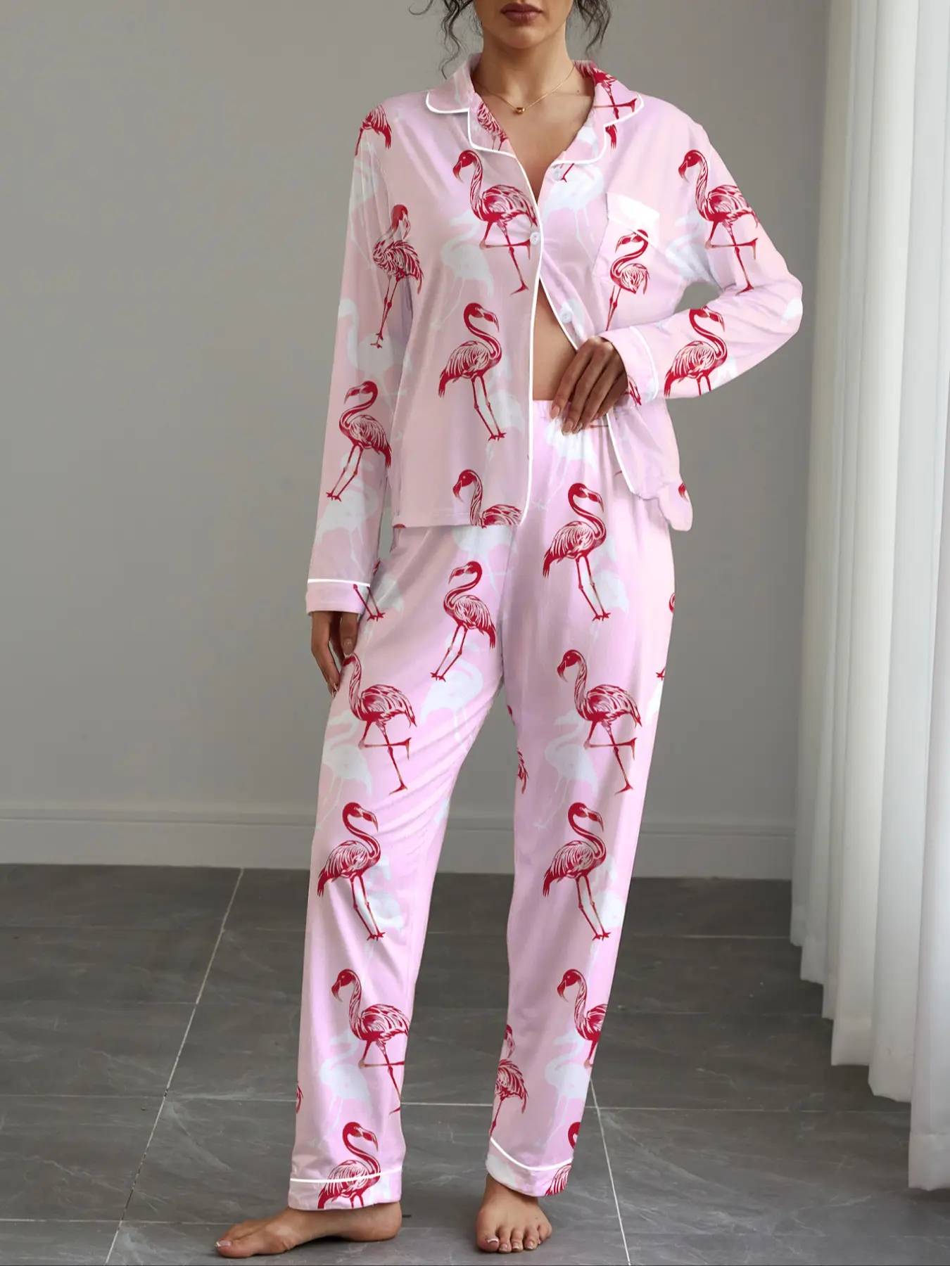 Women's Autumn Winter Pajama Set, Flamingo Print, Casual Loose-Fit Long Sleeve Top & Elastic Pants, Soft Stretchy Fabric Loungewear, Collared Pajamas