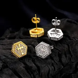 14K Gold Plated  Posts Cross Earrings for Women | Small Religious Faith Cubic Zirconia Cross Studs Huggies Earrings