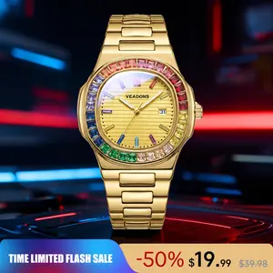 Brand Counter Authentic Premium Boutique Luxury Square Wristwatch – Rainbow Crystal Accents | High‑End Men’s Timepiece with Diamond Mirror Finish  | Versatile Casual & Business Look | Ideal Gift for Him | Stylish Wristwatch with Date Function