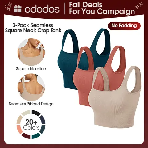 ODODOS Women's 3-Pack Essential Seamless Square Neck Ribbed Knitting Crop Tank Tops - Comfy, Lightweight Fabric, Low Back, Yoga-to-Daily Bra, Easy to Pair with Leggings/Skirts, Summer Back to School, Black+Navy+Blue