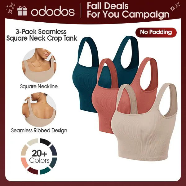 ODODOS Women's 3-Pack Essential Seamless Square Neck Ribbed Knitting Crop Tank Tops - Comfy, Lightweight Fabric, Low Back, Yoga-to-Daily Bra, Easy to Pair with Leggings/Skirts, Summer Back to School, Black+Navy+Blue