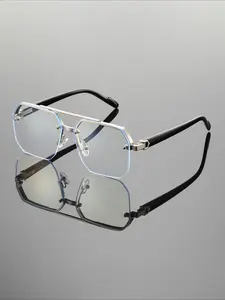 1 pair of men's and women's silver fashionable polygonal half-frame metal anti-blue flat glasses, suitable for reading, gaming, computer, mobile phone clear glasses, anti-visual fatigue, Stylish Square Frames