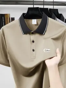 Unisex Straight Leg Casual Sporty Short Sleeve Polo Shirt, Outdoor Running Equestrian Golf Wear, Calvin Letter Print, Quick Dry Fabric