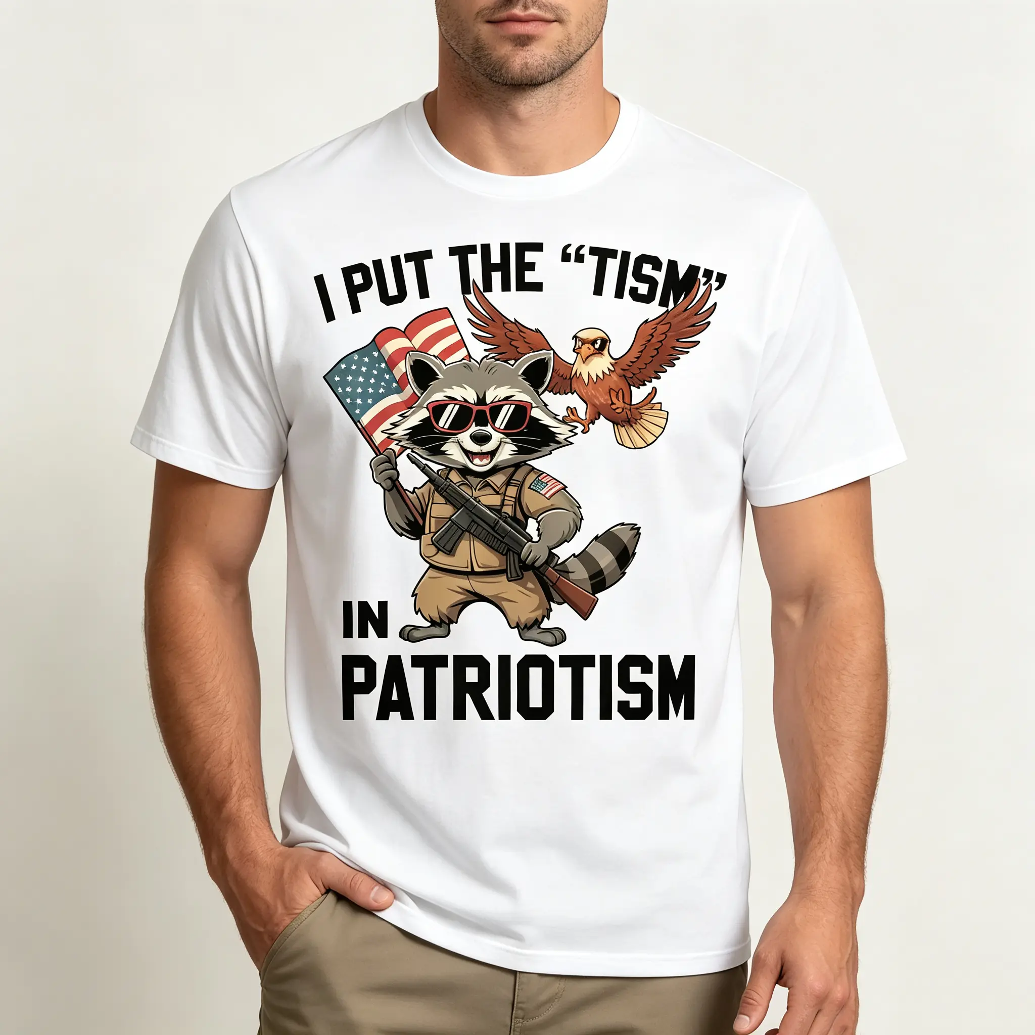 Funny Raccoon I Put the Tism in Patriotism Graphic T-Shirt Retro USA BBQ Outfit Viral Meme Shirt Men's and Women's Gifts Retro summer OOTD Casual Cotton Menswear Crew Neck Graphic Print Tee Top Womenswear Streetwear Tshirt Classic Tropical