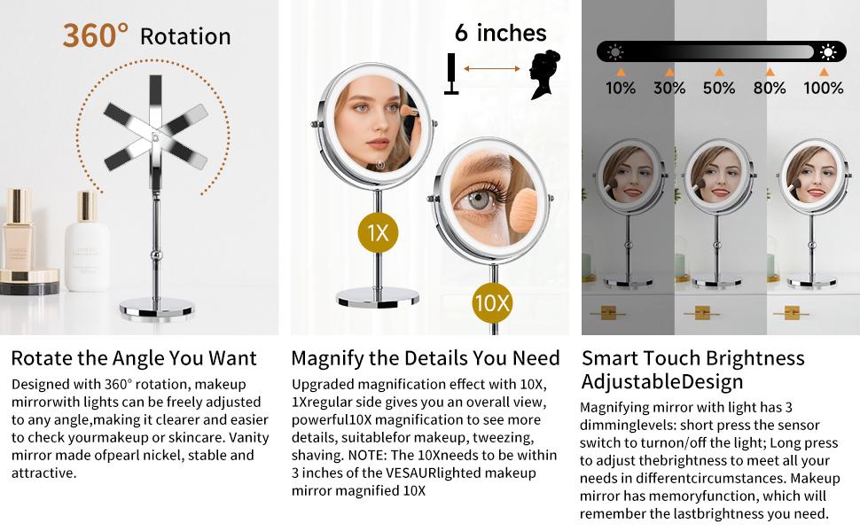 Makeup Mirror 2000mAh Rechargeable Double-Sided Magnifying Vanity Mirror with  1X/10X 360° Rotation Adjustable Brightness Gifts for Mom Women Wife Girls Dorm Room Essential