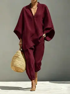 Women's Summer Loose Fit Solid Linen Deep V Neck Batwing Sleeve Pants Set, Casual Outfit Long Length, Comfortable Daily Wear, Multiple Colors Available