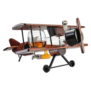 Whiskey & Wine Decanter Airplane Set and Glasses Antique Wood Airplane - The Wine Savant Whiskey Gift Set and 2 Airplane Glasses, Pilot Gift Moving Parts- Alcohol Related Gift, BAR DECOR Large 21"