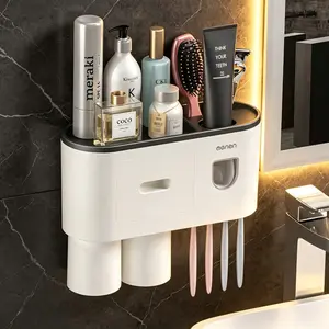 Creative self-adhesive automatic toothpaste dispenser, toothbrush holder with cup, all-in-one bathroom toothbrush storage set