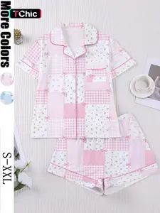 Women's Plaid Floral Bow Print Short Sleeve Shorts Pajama Set, Casual Home Wear Suit, Comfortable Sleepwear for Women