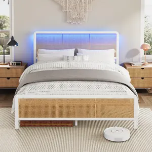 Rattan Queen Size Bed Frame with LED Lights, Boho Bed Frame with Headboard and Footboard, Heavy Duty Sturdy Steel Slat Support