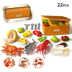 22PCS Kids Kitchen Role Play Food, Pretend Play Cutting Food Set for Play Kitchen, Includes Vegetables, Fruits, and Seafood, Storage Basket for Food Assembly, with Lobster, King Crab, Tuna, and Turkey Cutting Toys, Suitable for Boys and Girls Ages 3-8.