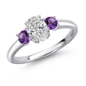 White Lab Grown Diamond and Gemstone Birthstone 3-Stone Engagement Ring for Women in 925 Sterling Silver | Oval 7X5MM and Round 3MM | Wedding Anniversary Promise Ring | Sizes 5, 6, 7, 8, 9