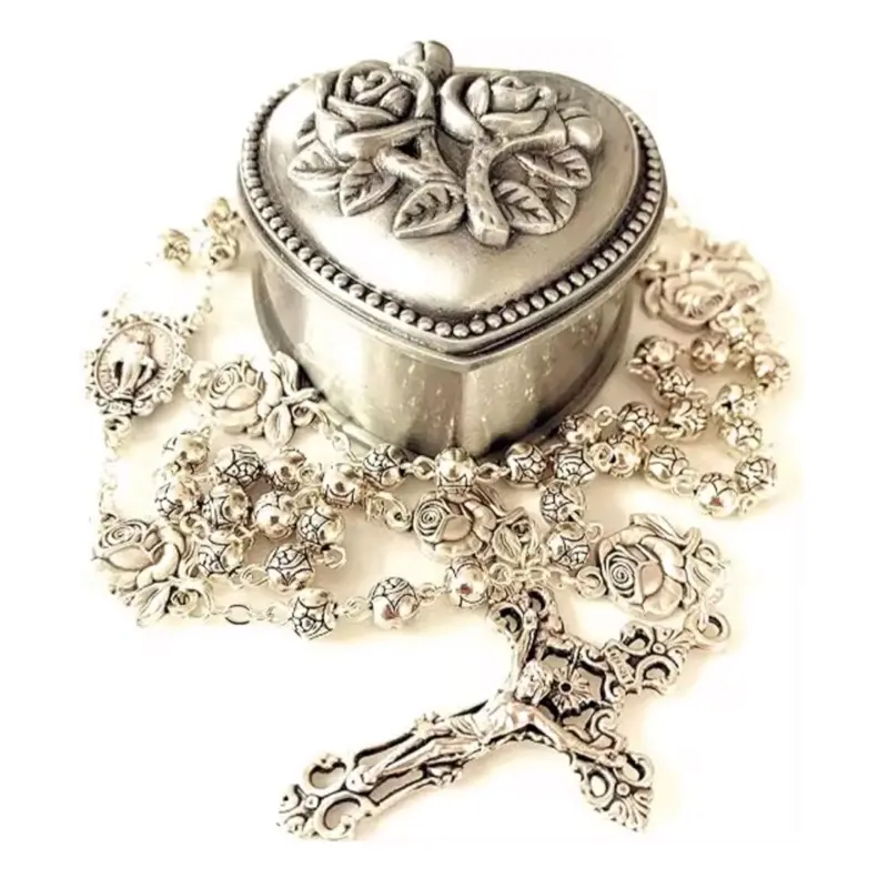 Handmade Catholic Rosary Necklace and Bracelet with Real Silver-Tone Rose-Shaped Beads 6mm Detailed Crucifix & Virgin Mary Centerpiece in Durable Alloy with Heart-Shaped Case