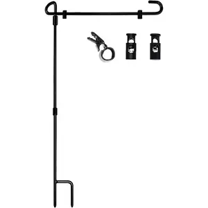 Garden Flag Stand, Wrought Iron Yard Garden Flag Pole Holder Metal -Proof  with two Spring Stoppers and  Tiger Clip (Black)