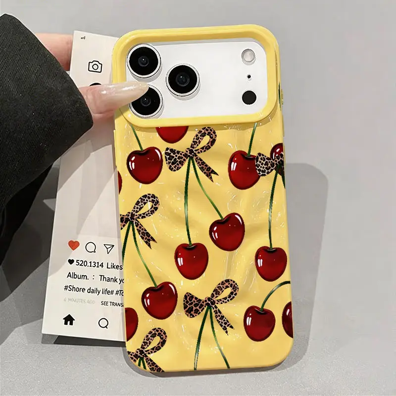 Elegant Patterned Coquette Red-Black Cherry Smartphone Case - Wavy Texture, Leopard Bow Design, Handheld Accessory, Shockproof Protection for iPhone Series Various Models (12/13/14/15/16/17 Pro Max/XS), Texture Variant Mobile Phone Accessory